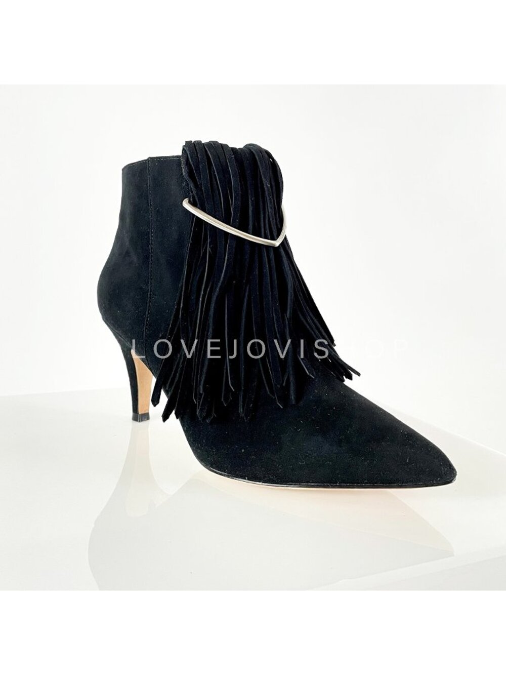 Collectors | Brian Atwood Fringe Kitten Heel Bootie | Silver Metallic Buckle | 6